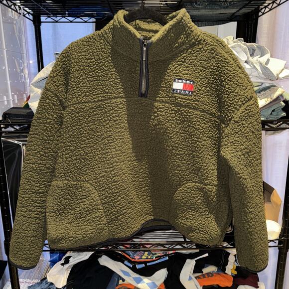 Y2K Tommy Hilfiger Women’s Military Green Cropped Fleece Sweater Size Large - Picture 1 of 5